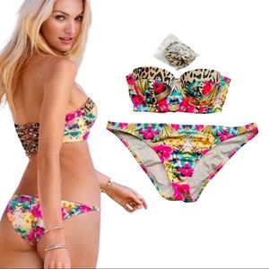 Victoria Secret Bombshell Floral Corset Bikini with Lace Up Back + Leopard Trim